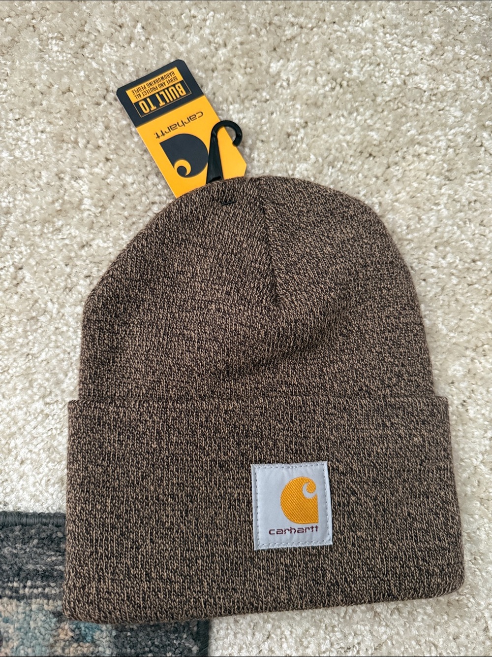 Carhartt Marled Brown Knit Cuffed Beanie with Logo Patch